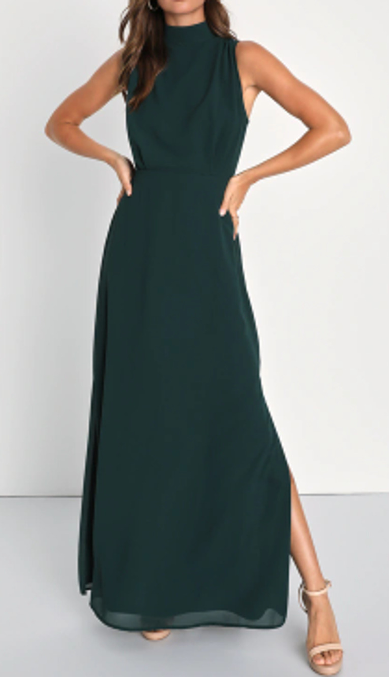 LULU'S L Classic Elegance Emerald Chiffon Mock Neck formal Maxi Dress NWT B47